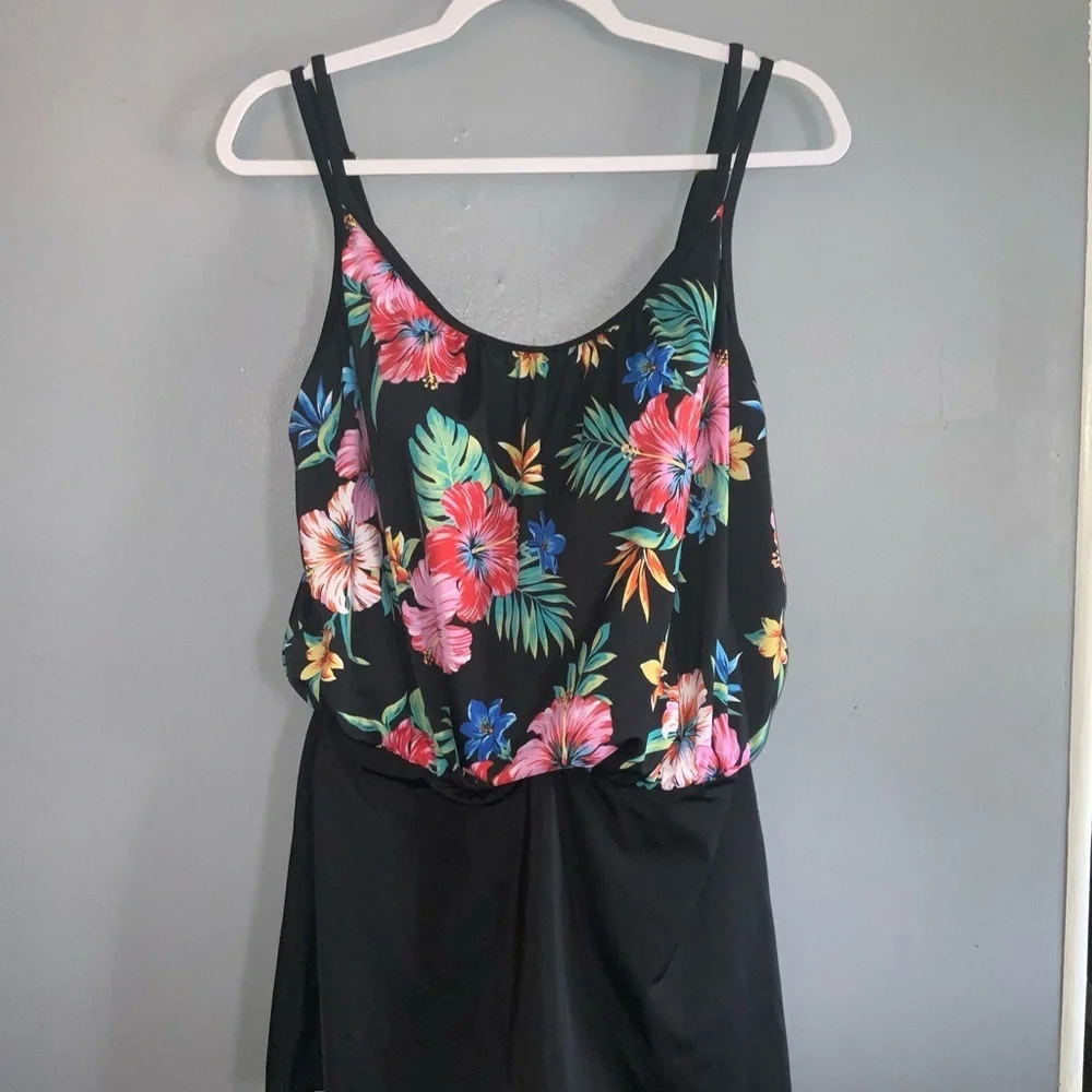 Inches Away Black With Multicolor Tropical Floral Print Swim Dress Size 12